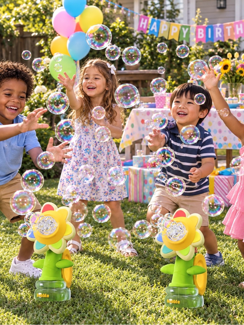 Seven Color Flower Bubble Machine - Yellow & Green Kids Toy  set of two for